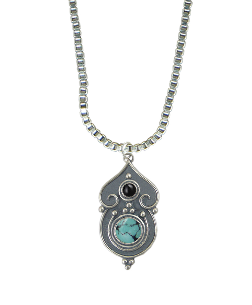 Sterling Silver Necklace Chinese Turquoise And Black Onyx